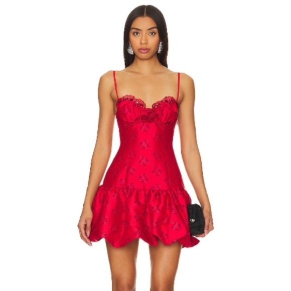 For Love & Lemons Annika Mini Dress NWOT Red Corset Bodice Bubble Hem - Picture 12 of 14